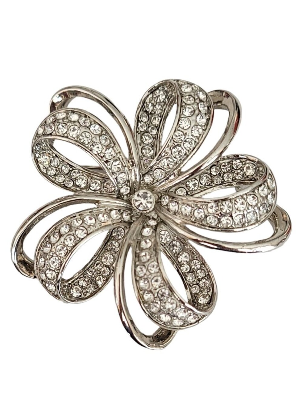 Monet Silver Tone Clear Rhinestone Bow Flower Brooch Signed, K610